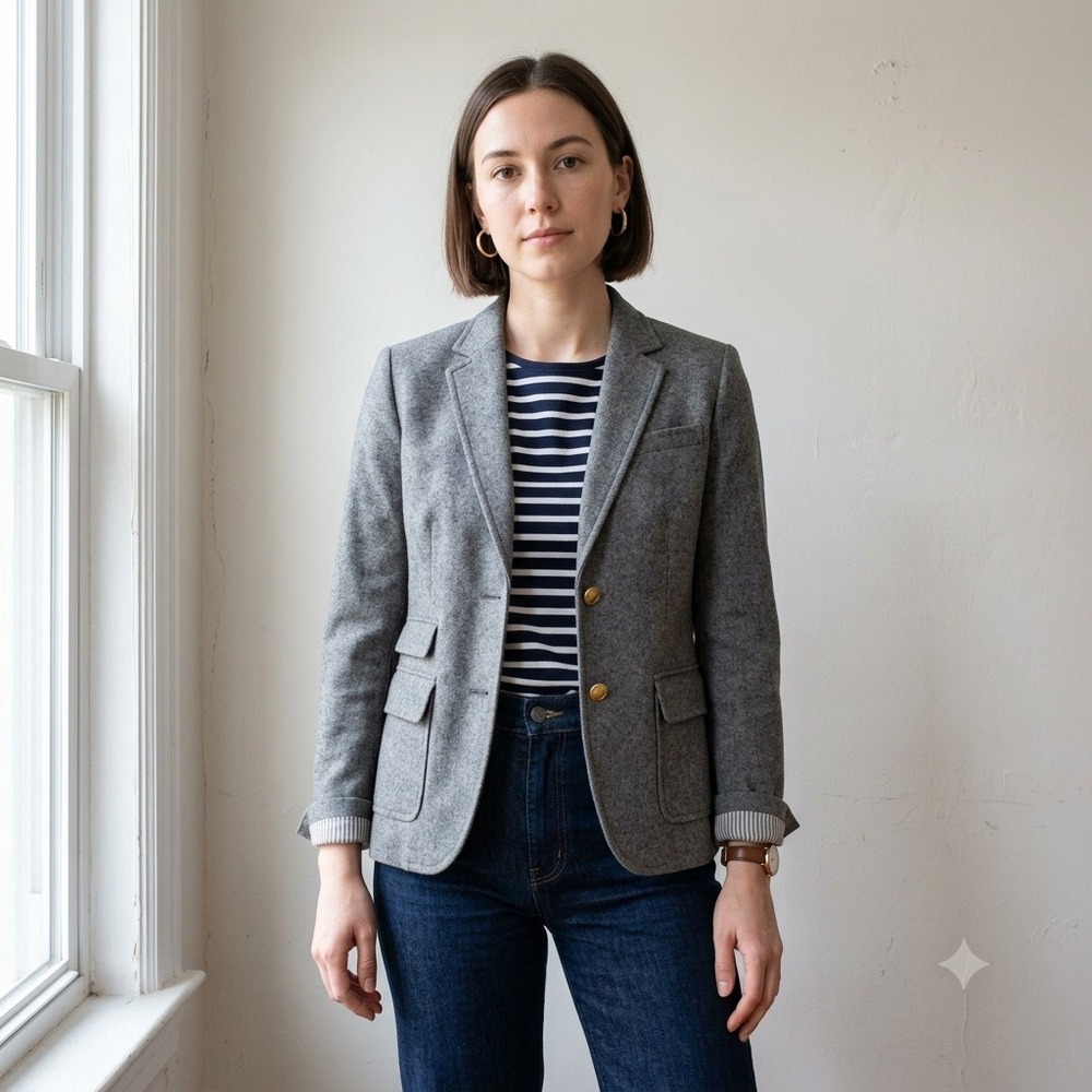 J.Crew Women Schoolboy Blazer 6 Gray Wool Gold Crest Button Preppy Dark Academia